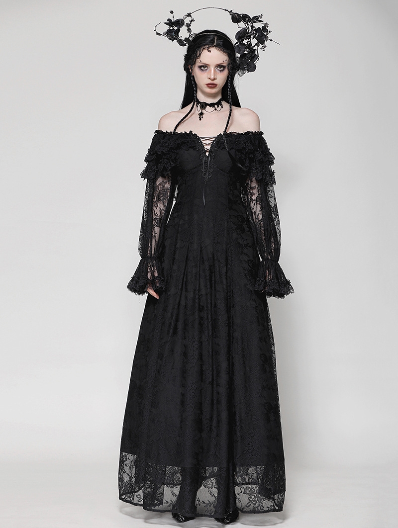 Black Gothic Off-Shoulder Long Sleeve Elegant Lace Maxi Dress