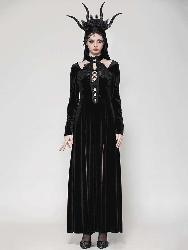 Black Sexy Gothic Velvet Hollow High Slit Maxi Dress