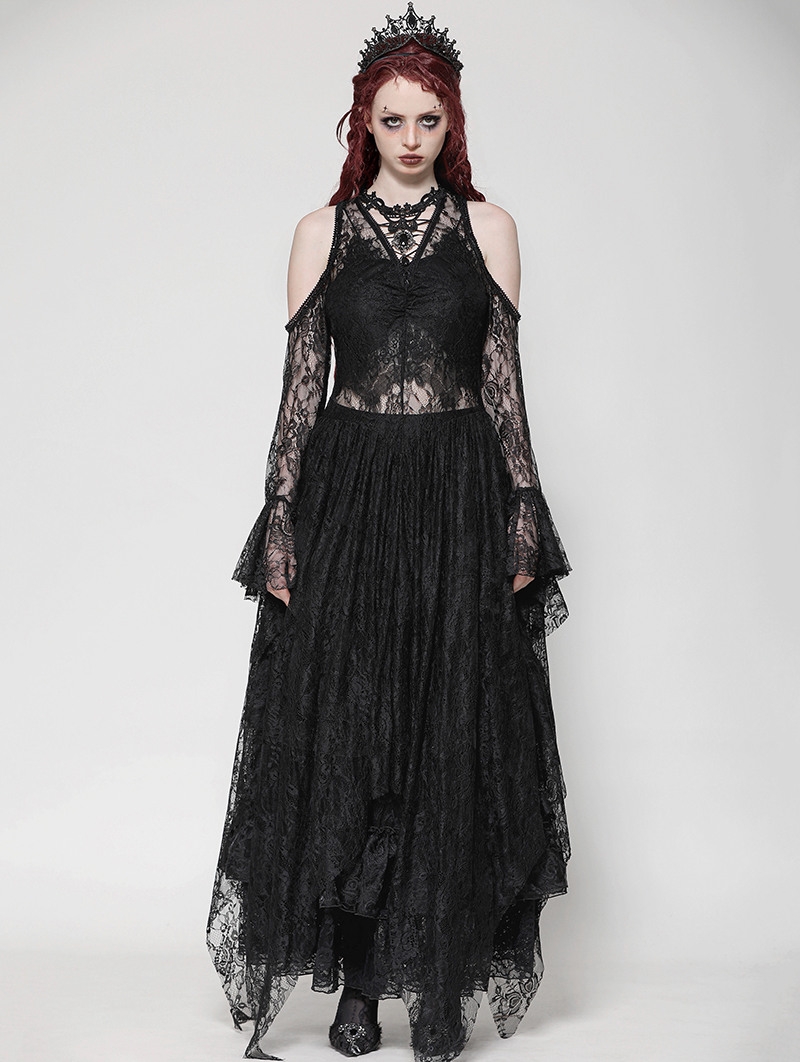 Black Sexy Gothic Lace Cold Shoulder Asymmetrical Dress