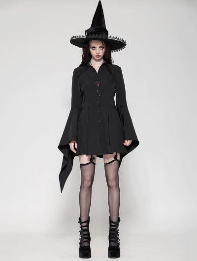 Black Gothic Witchy Bell Sleeve Short Shirt Dress