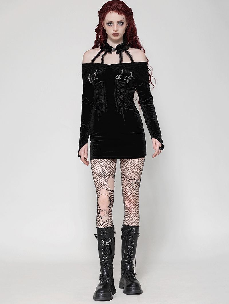 Black Gothic Sexy Punk Velvet Halter Mini Bodycon Dress