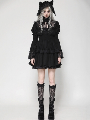 Black Gothic Lace Doll Shirred Waist Long Sleeve Short Dress