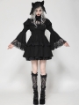 Black Gothic Lace Doll Shirred Waist Long Sleeve Short Dress