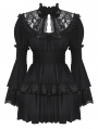 Black Gothic Lace Doll Shirred Waist Long Sleeve Short Dress