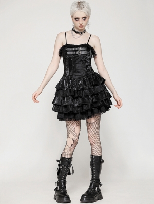 Black Gothic Punk Shiny Spaghetti Strap Layered Short Dress