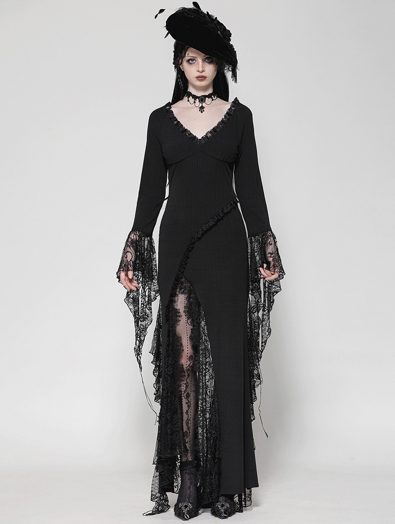 Black Gothic Sexy Witch Asymmetrical Lace Slit Long Dress