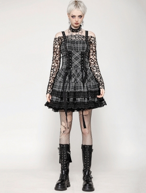 Grey Plaid Gothic Metal Studded Strap Short Dress