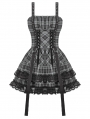 Grey Plaid Gothic Metal Studded Strap Short Dress