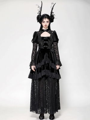 Black Vintage Gothic Velvet Lace Layered Maix Dress