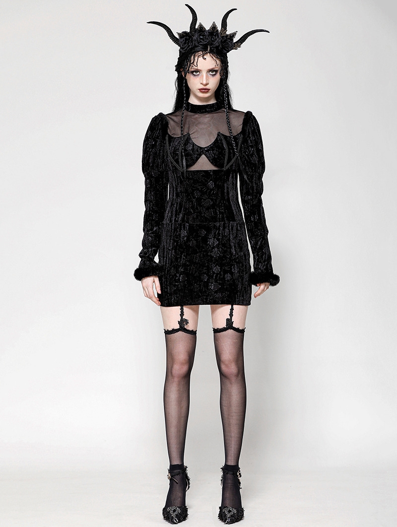 Black Gothic Bat Mesh Illusion Sexy Velvet Bodycon Dress