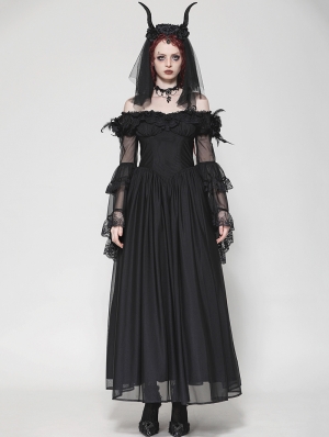 Black Gothic Feather Floral Cold Shoulder Long Chiffon Dress