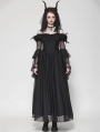 Black Gothic Feather Floral Cold Shoulder Long Chiffon Dress