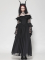 Black Gothic Feather Floral Cold Shoulder Long Chiffon Dress