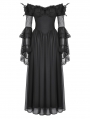 Black Gothic Feather Floral Cold Shoulder Long Chiffon Dress