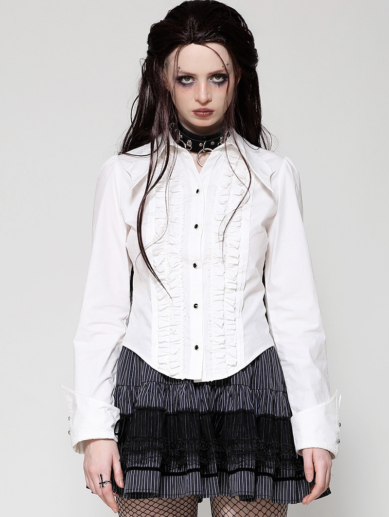 White Gothic Ruffle Front Button Up Long Sleeve Blouse for Women