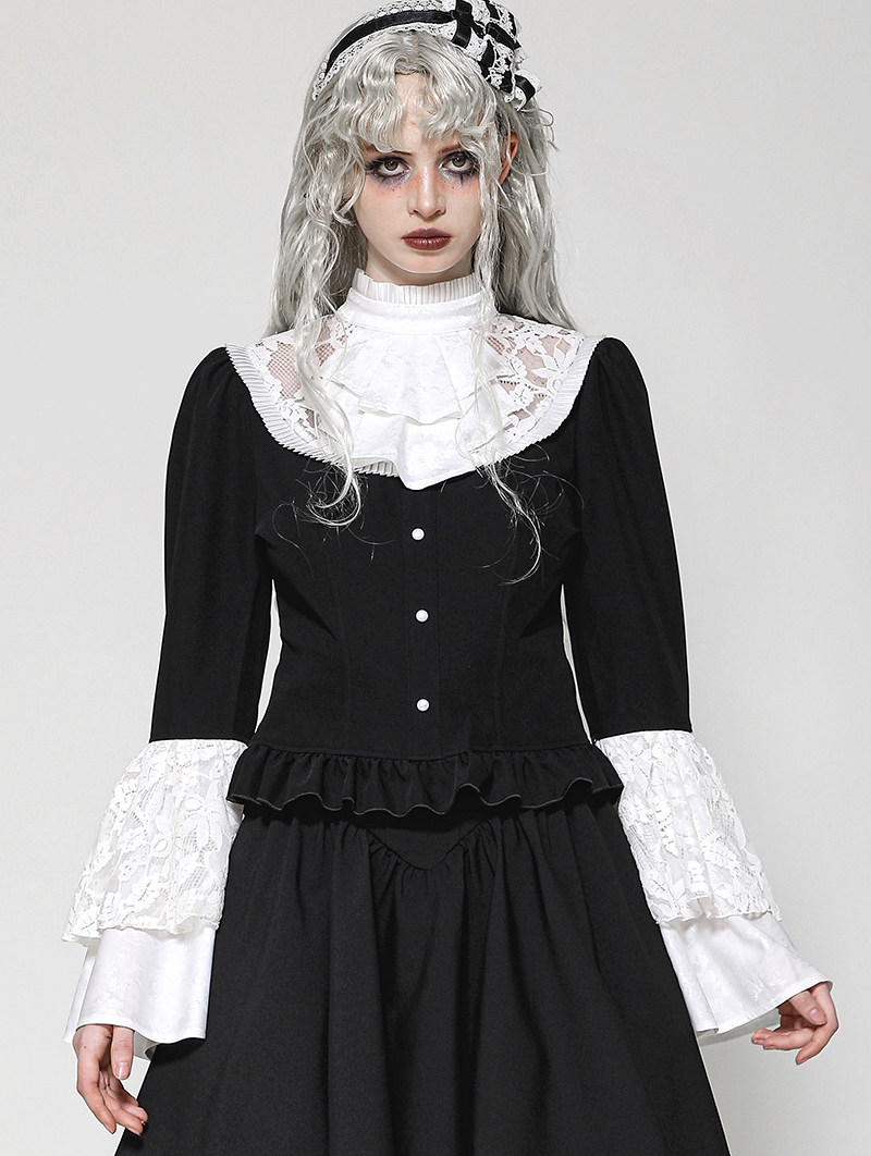 Black and White Elegant Gothic Doll Ruffled Blouse for Women