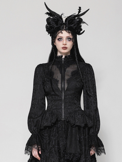 Black Vintage Gothic Jacquard Lace Sheer Tailcoat for Women