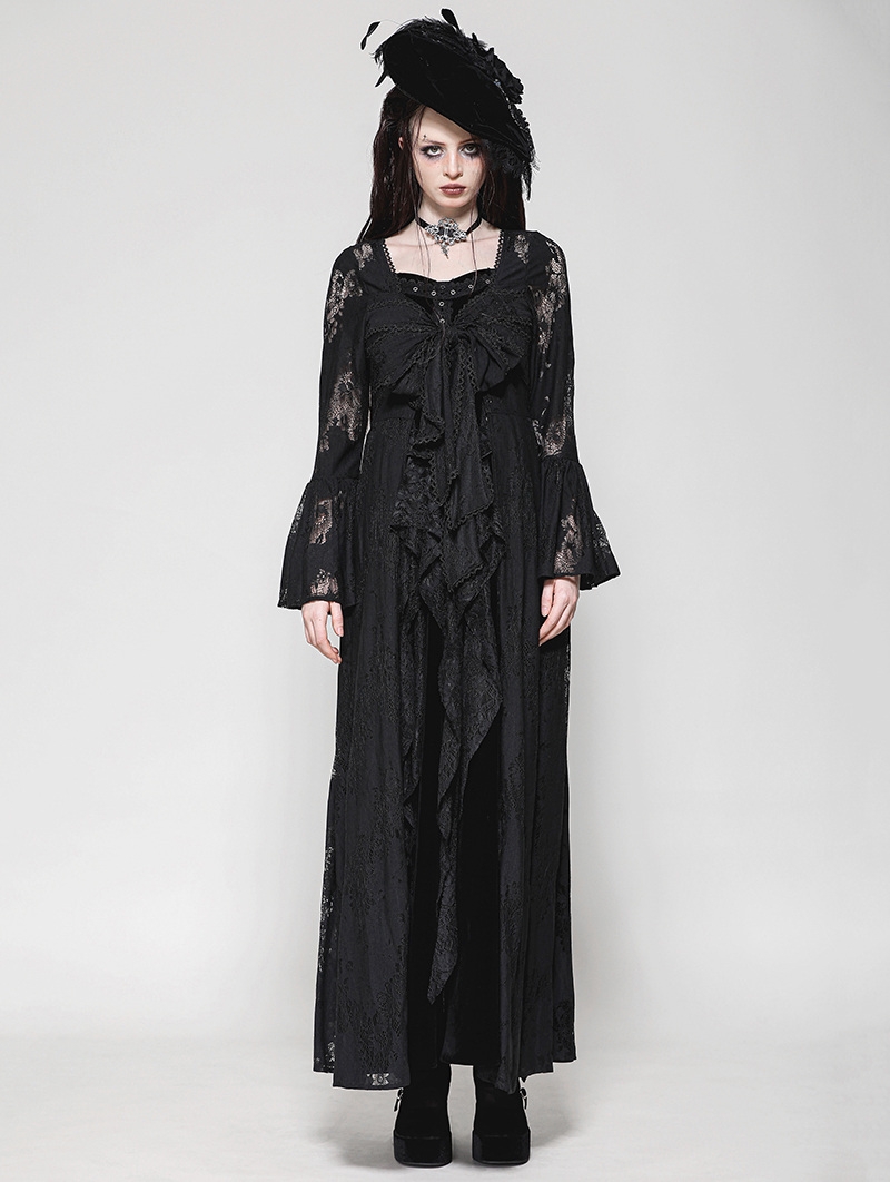 Black Gothic Lace Bow Elegant Long Robe for Women