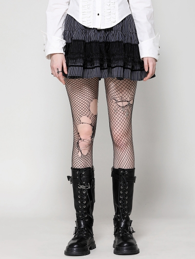 Dark Striped Scholarly Lace Trim Gothic Mini Skirt