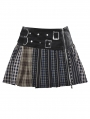 Colorful Plaid Patchwork Faux Leather Waist Mini Skirt