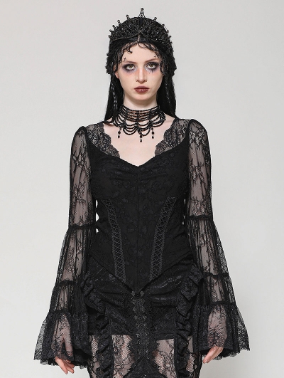 Black Gothic Lace Long Bell-Sleeve Shirt for Women