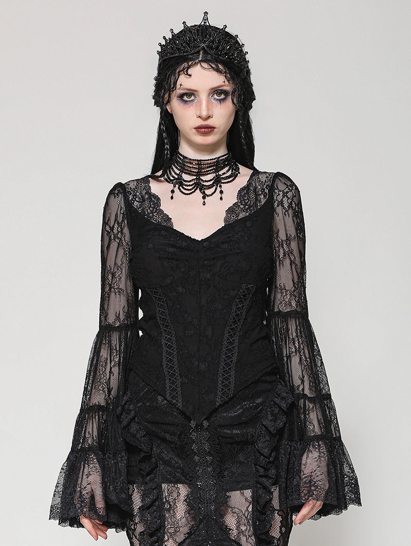 Black Gothic Lace Long Bell-Sleeve Shirt for Women