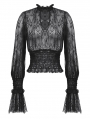 Black Gothic Lace Shirred Waist Long Sleeve Shirt for Women