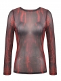 Black and Red Tie-Dye Perspective Mesh Top for Women