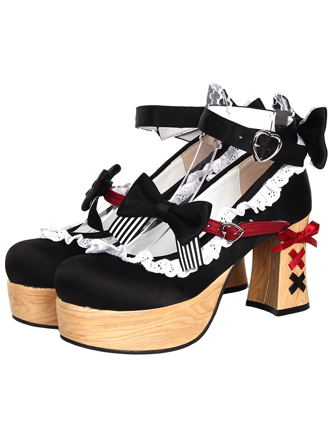 Black Sweet Lolita Bow Strap Chunky Heel Shoes