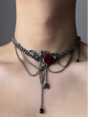 Dark Gothic Retro Rose Layered Chain Tassel Necklace