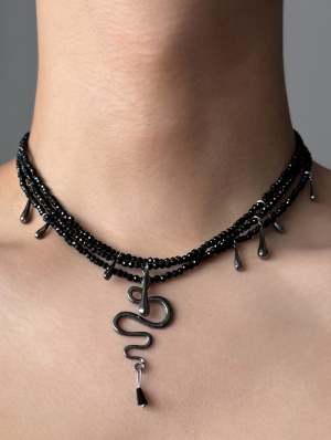 Black Gothic Multi-Layered Beaded Snake Pendant Necklace