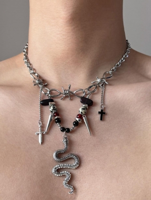 Silver Retro Punk Snake-Shaped Pendant Bead Chain Necklace