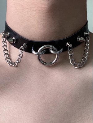 Black Gothic Punk O-Ring Rivet Faux Leather Choker