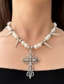 Silver Punk Cross Pendant Studded Faux Pearl Necklace