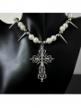 Silver Punk Cross Pendant Studded Faux Pearl Necklace