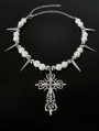 Silver Punk Cross Pendant Studded Faux Pearl Necklace