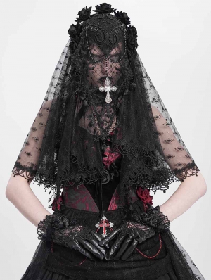 Black Gothic Elegant Lace Flowers Cross Mantilla Wedding Veil