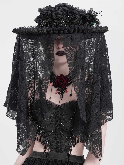 Black Gothic Skull Flower Beading Veil Hat for Women