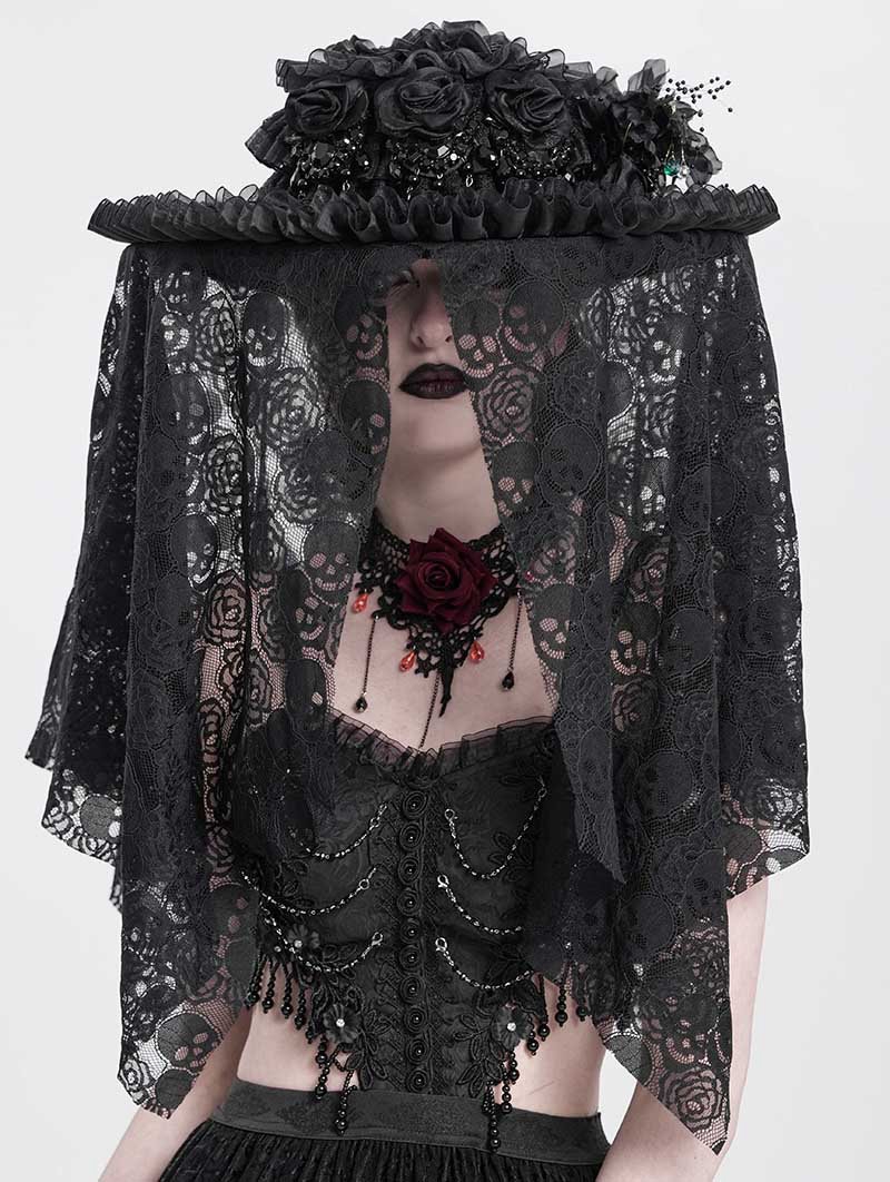 Black Gothic Skull Flower Beading Veil Hat for Women