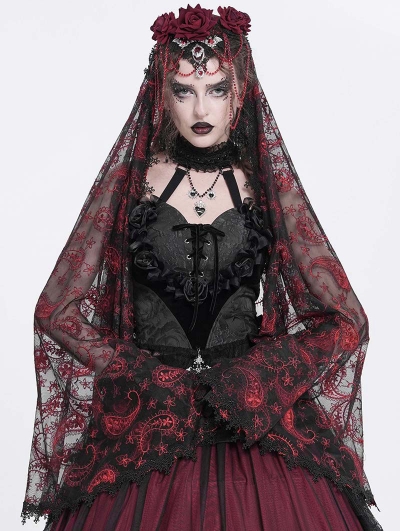 Red and Black Gothic Retro Beaded Floral Bat Lace Veil