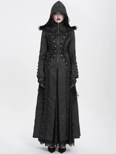 Black Gothic Double Breasted Extra Long Hooded Coat for Women