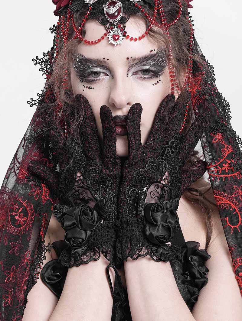 Red and Black Gothic Retro Ruffled Lace Gloves for Women