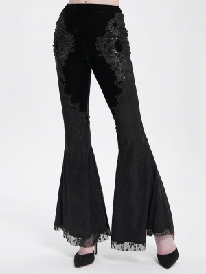 Black Gothic Lace Applique Velvet Long Flared Pants for Women