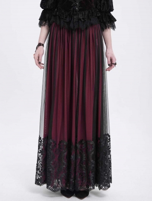 Red Gothic Elegant Lace Applique Mesh Maxi Skirt