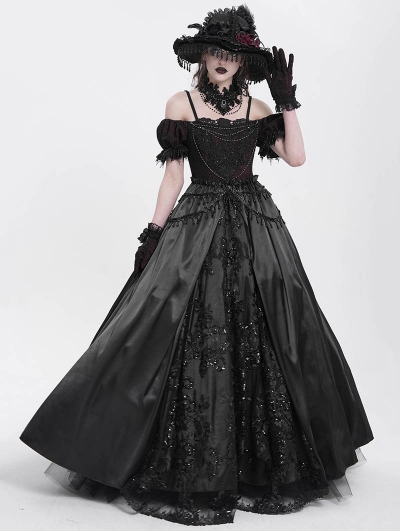 Black Gothic Off-the-Shoulder Beaded Lace Applique Long Party Ball Gown