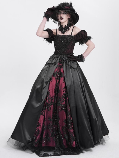 Black and Red Gothic Off-the-Shoulder Beaded Lace Applique Long Party Ball Gown