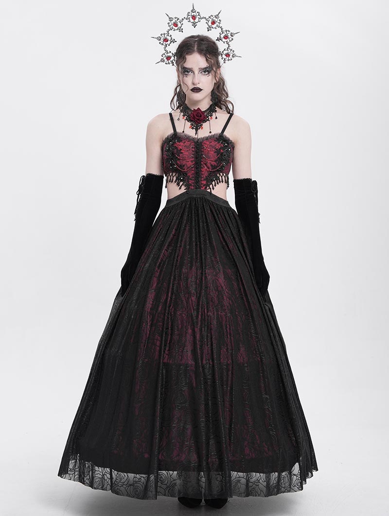 Red and Black Gothic Sexy Hollow Out Beaded Tassel Maxi Party Dress