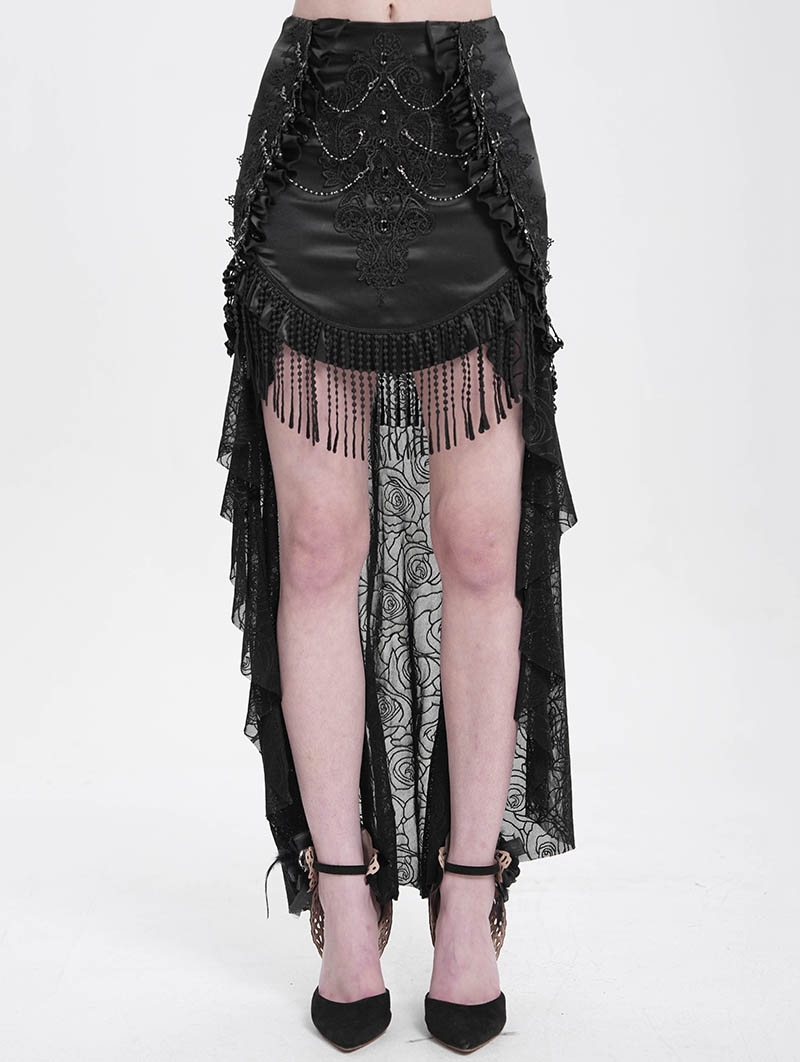 Black Gothic Sexy Lace Applique Tassel High-Low Skirt