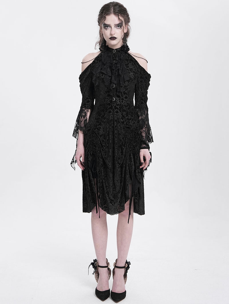 Black Gothic Beaded Cold Shoulder Flared Sleeve Drawstring Dress