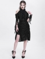 Black Gothic Beaded Cold Shoulder Flared Sleeve Drawstring Dress